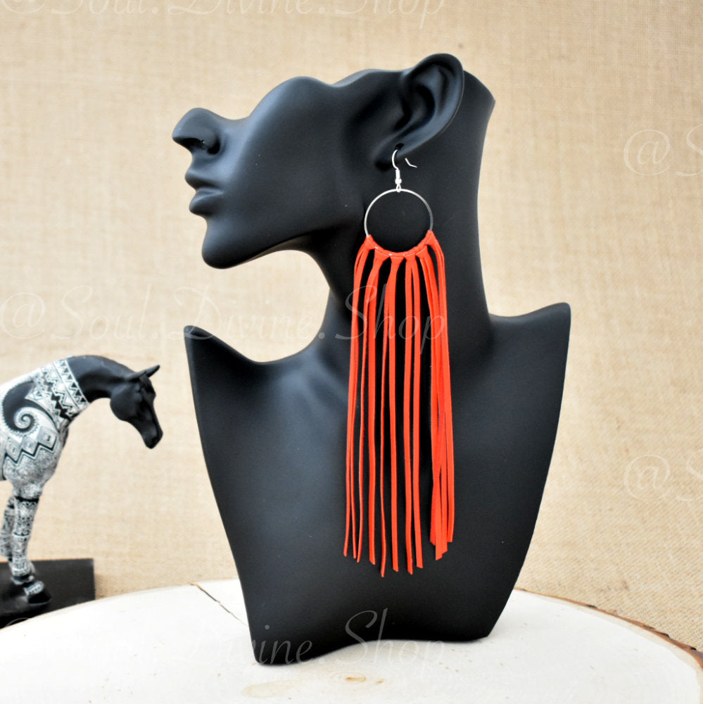 Red fringe earrings