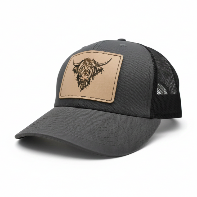 Hat with a leather patch featuring a funny horse image