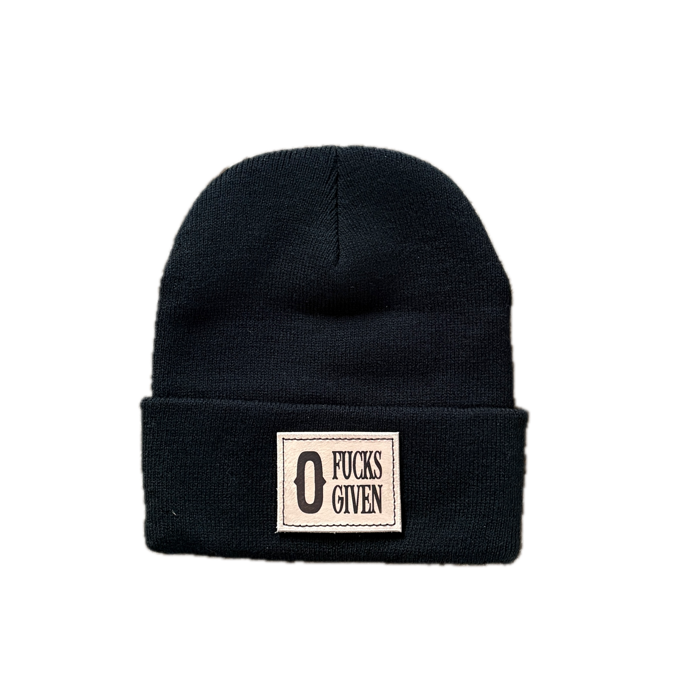 Black beanie with a patch on a white background