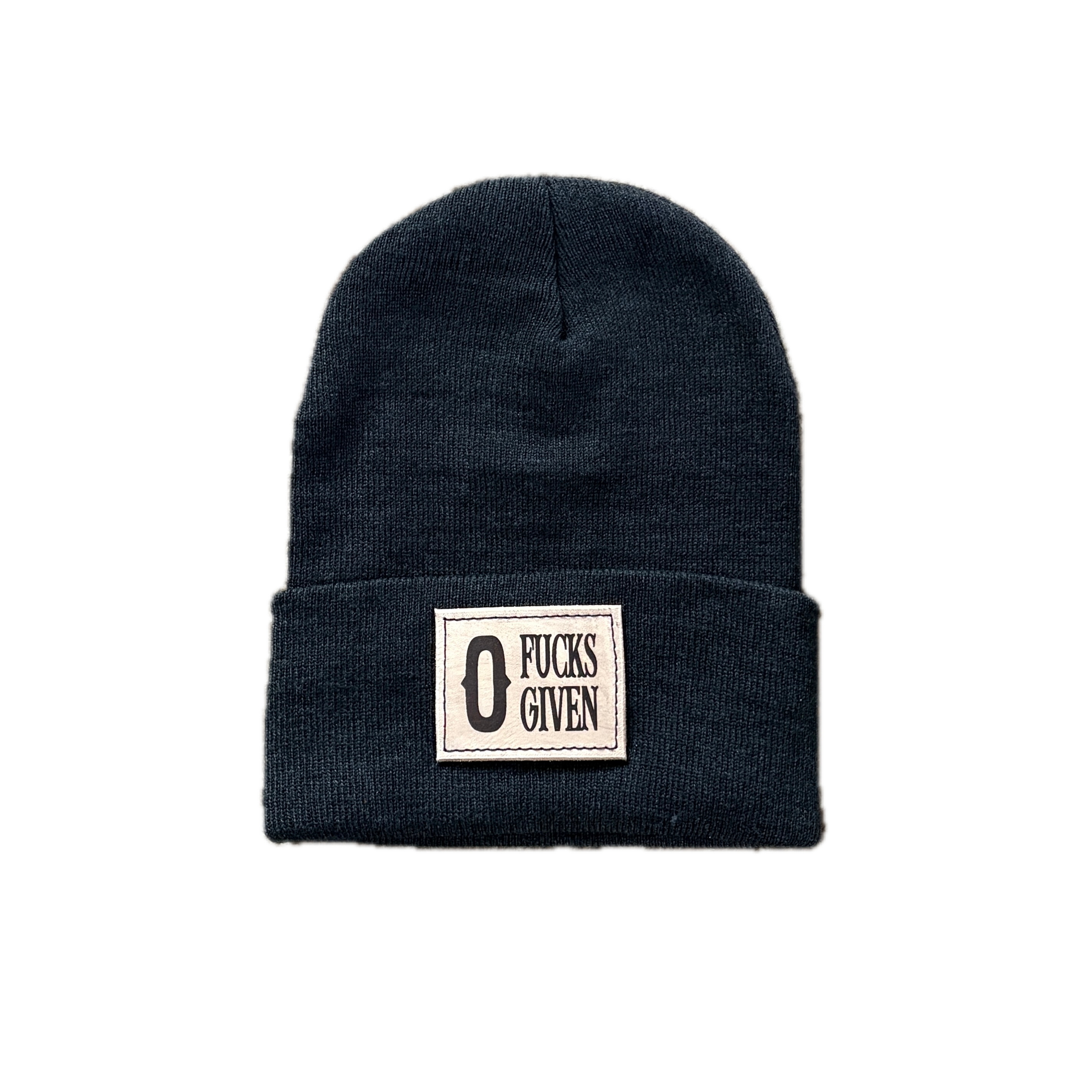 Black beanie with a patch displaying '0 Fucks Given' on a white background