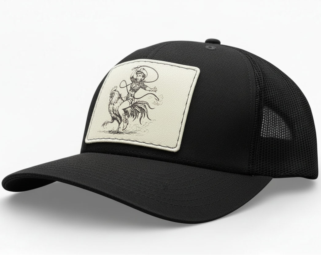 Black trucker cap with a white patch featuring a graphic design on a white background