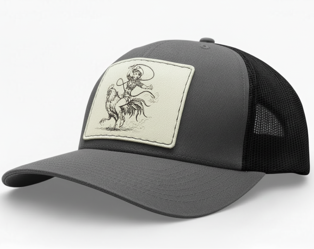 Gray and black cap with a patch featuring a graphic design on a white background
