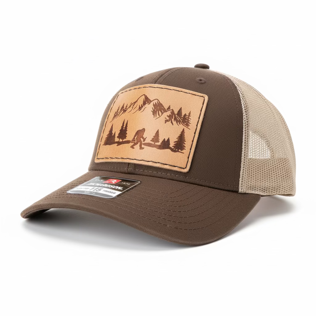 A brown and beige trucker hat with a patch featuring an illustration of a Sasquatch drinking beer in the woods.