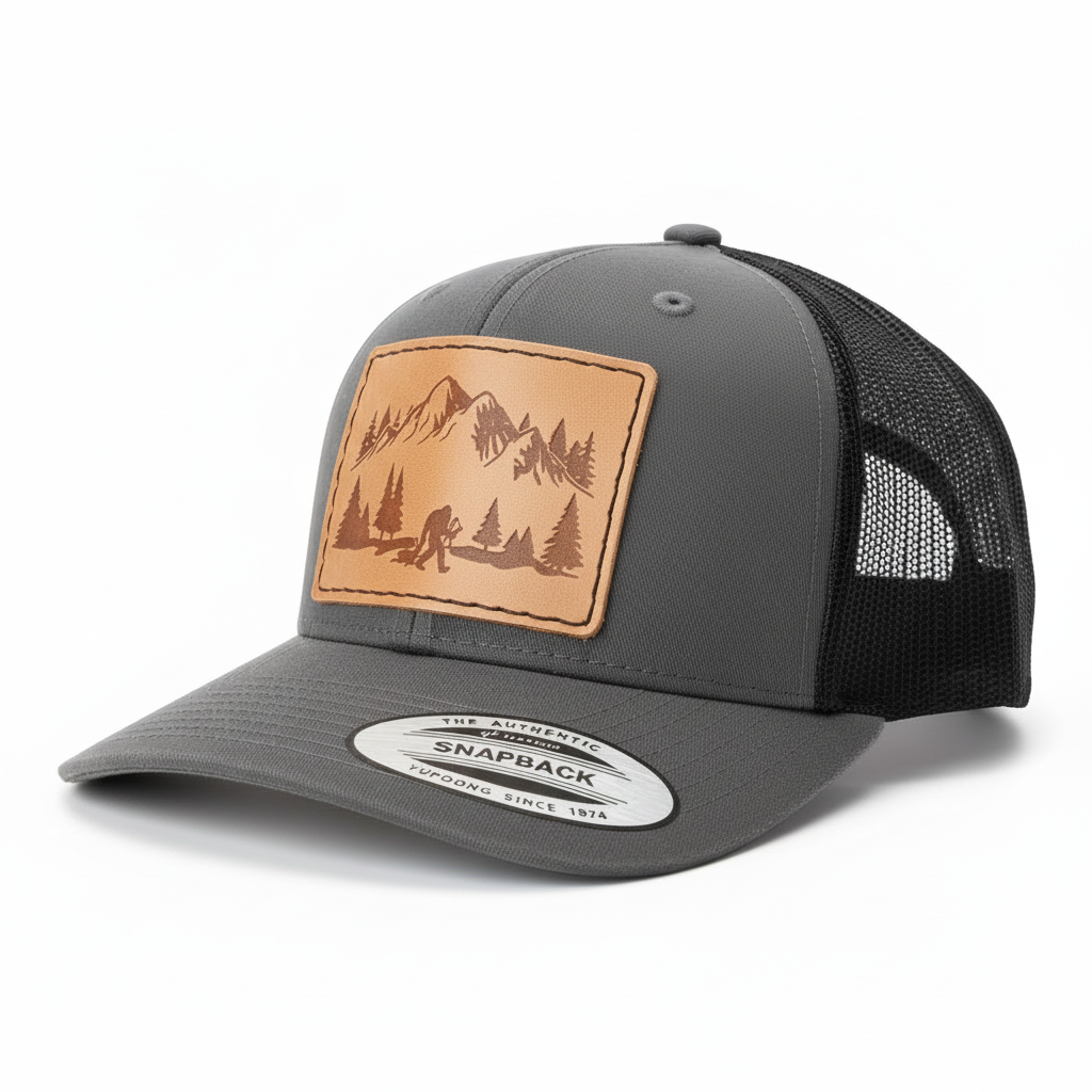 Gray trucker cap with leather patch featuring a mountain and forest design on a white background.