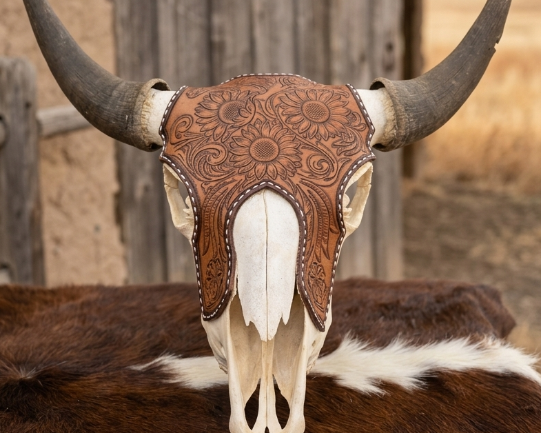 Decorative cow skull with leather cover and large horns on a wooden stand.