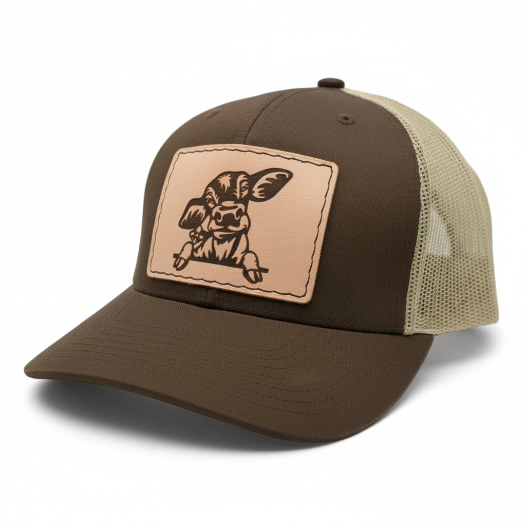 calf leather hat patch on brown hat