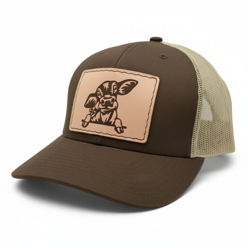 calf leather hat patch on brown hat