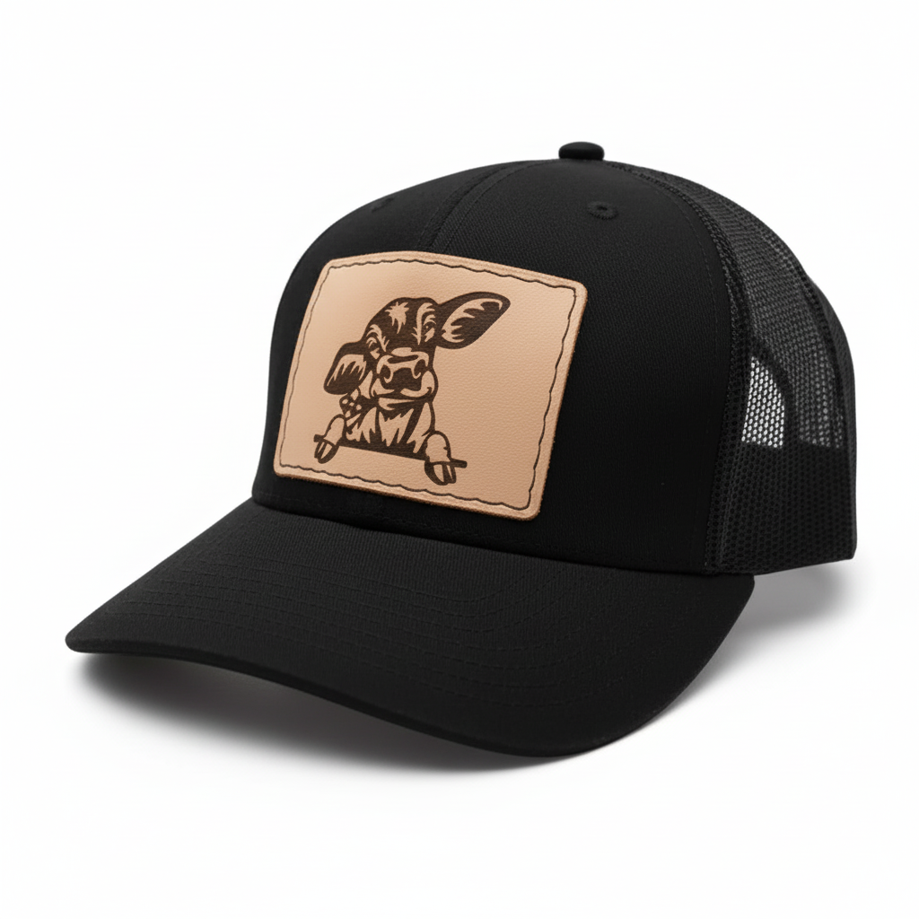 Black trucker cap with a tan leather patch featuring a dog design on a white background