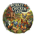 Illustration of chickens around a chicken coop with 'Crazy Chicken Lady' text.