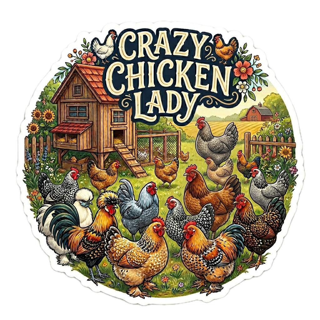 Illustration of chickens around a chicken coop with 'Crazy Chicken Lady' text.