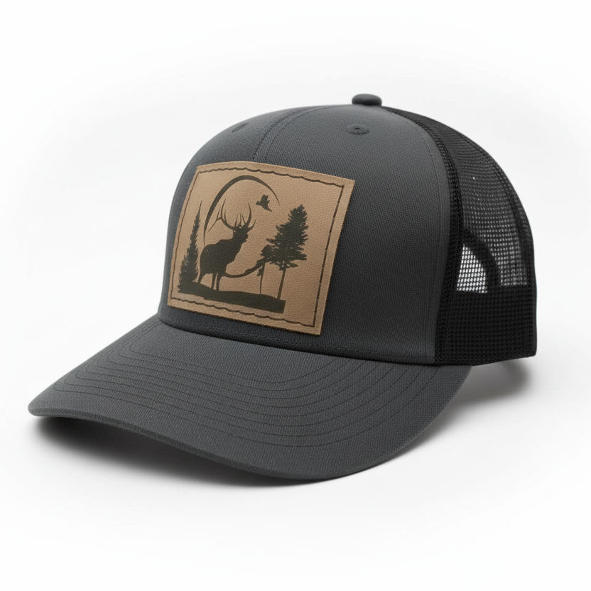 Black cap with a brown patch featuring a deer and pine tree design on a white background