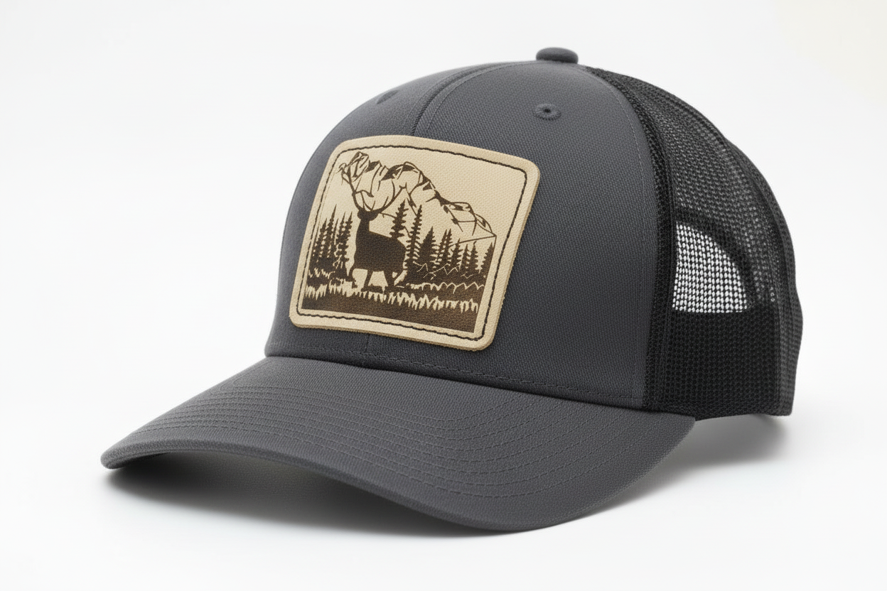 Gray trucker cap with a bear and forest design patch on a white background