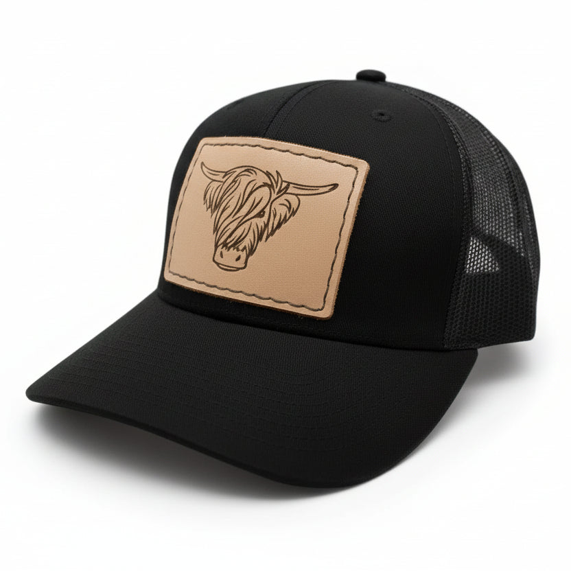 Hairy Highland Steer Hat  leather patch sewn onto a richardson 112 hat - Prairie Buffalo