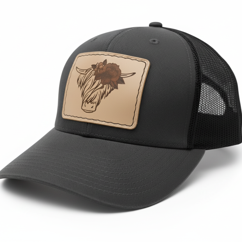 Black trucker cap with a leather patch featuring a bull's head on a white background