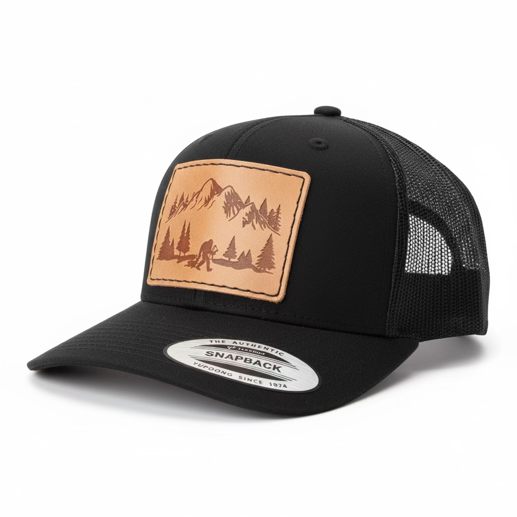 Black trucker cap with a leather patch featuring mountains and trees on a white background
