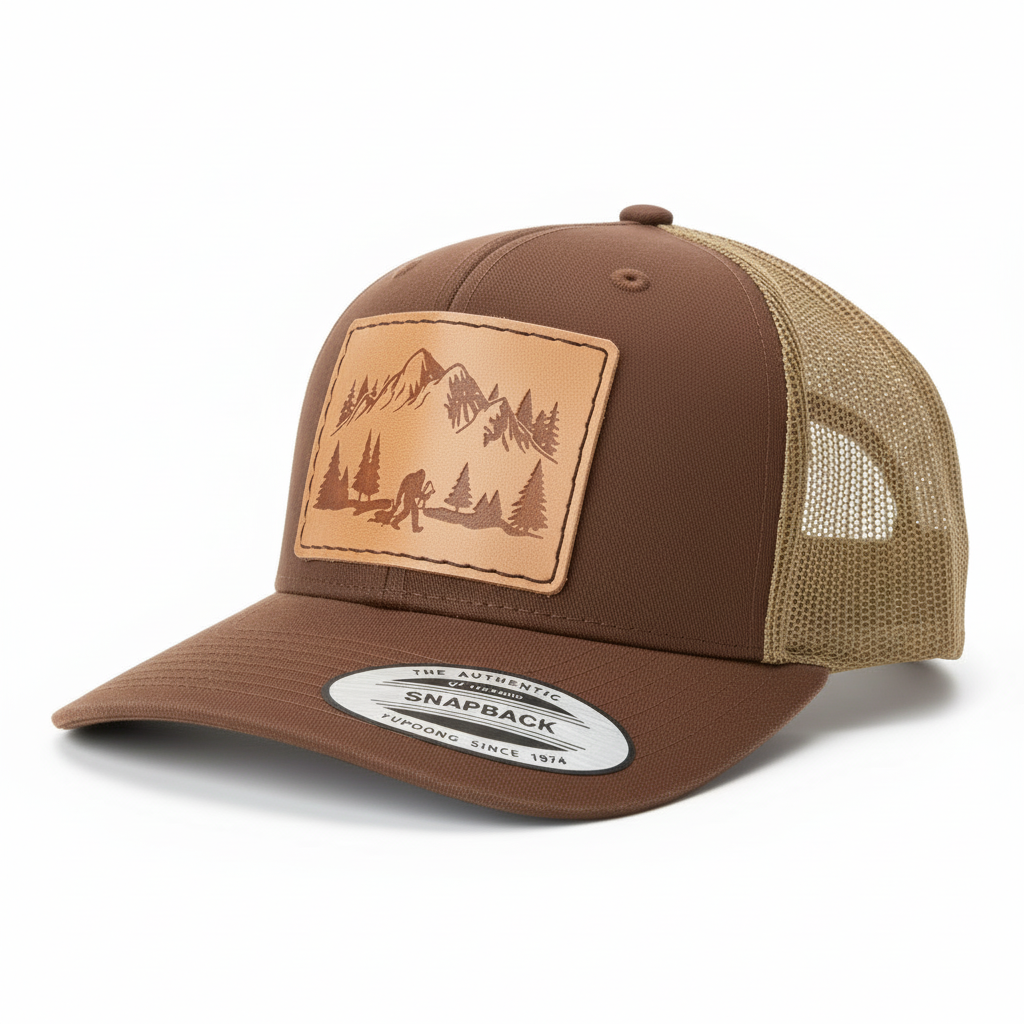 Brown and beige trucker cap with nature-themed patch on a white background
