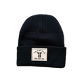 Black beanie with a label on a white background