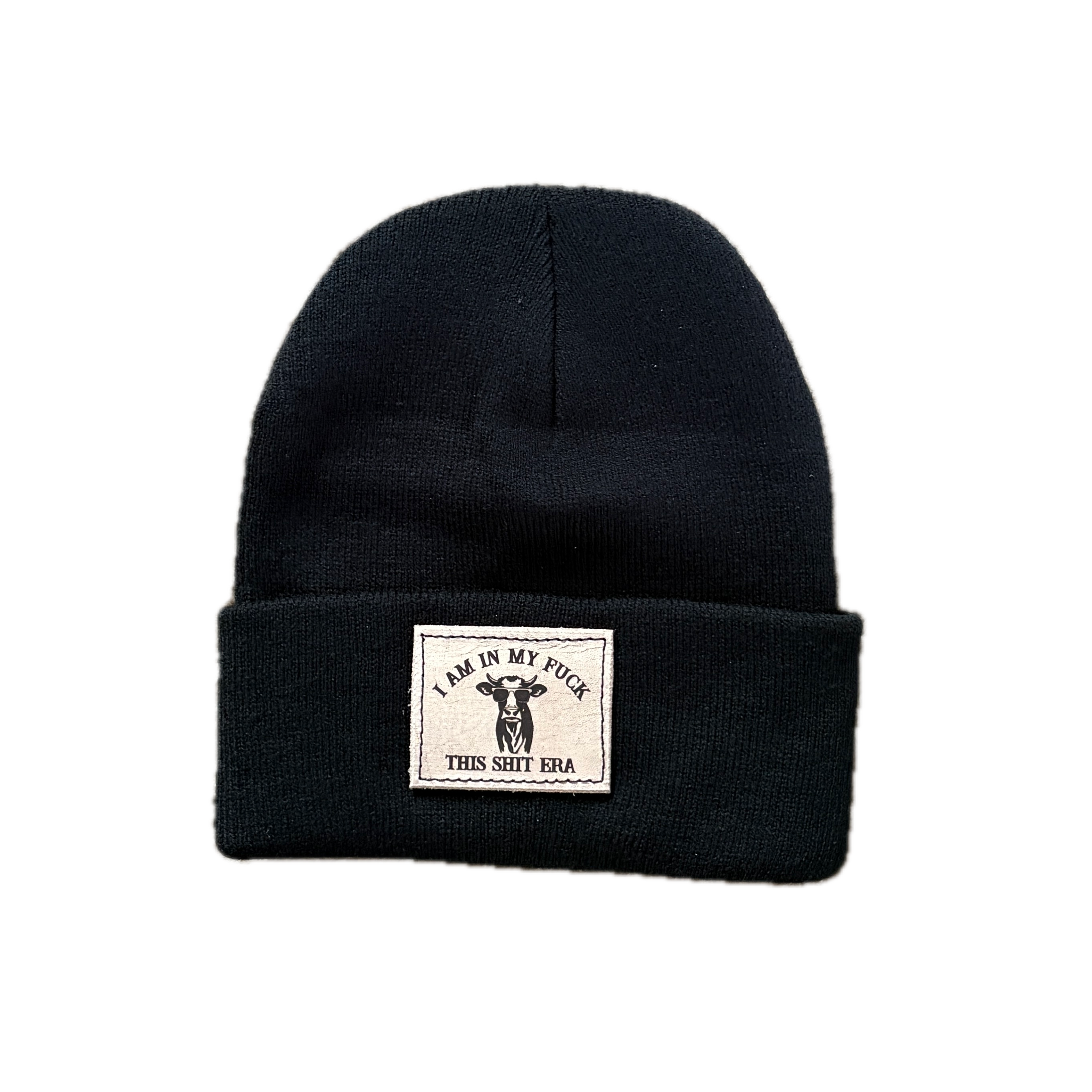 Black beanie with a label on a white background