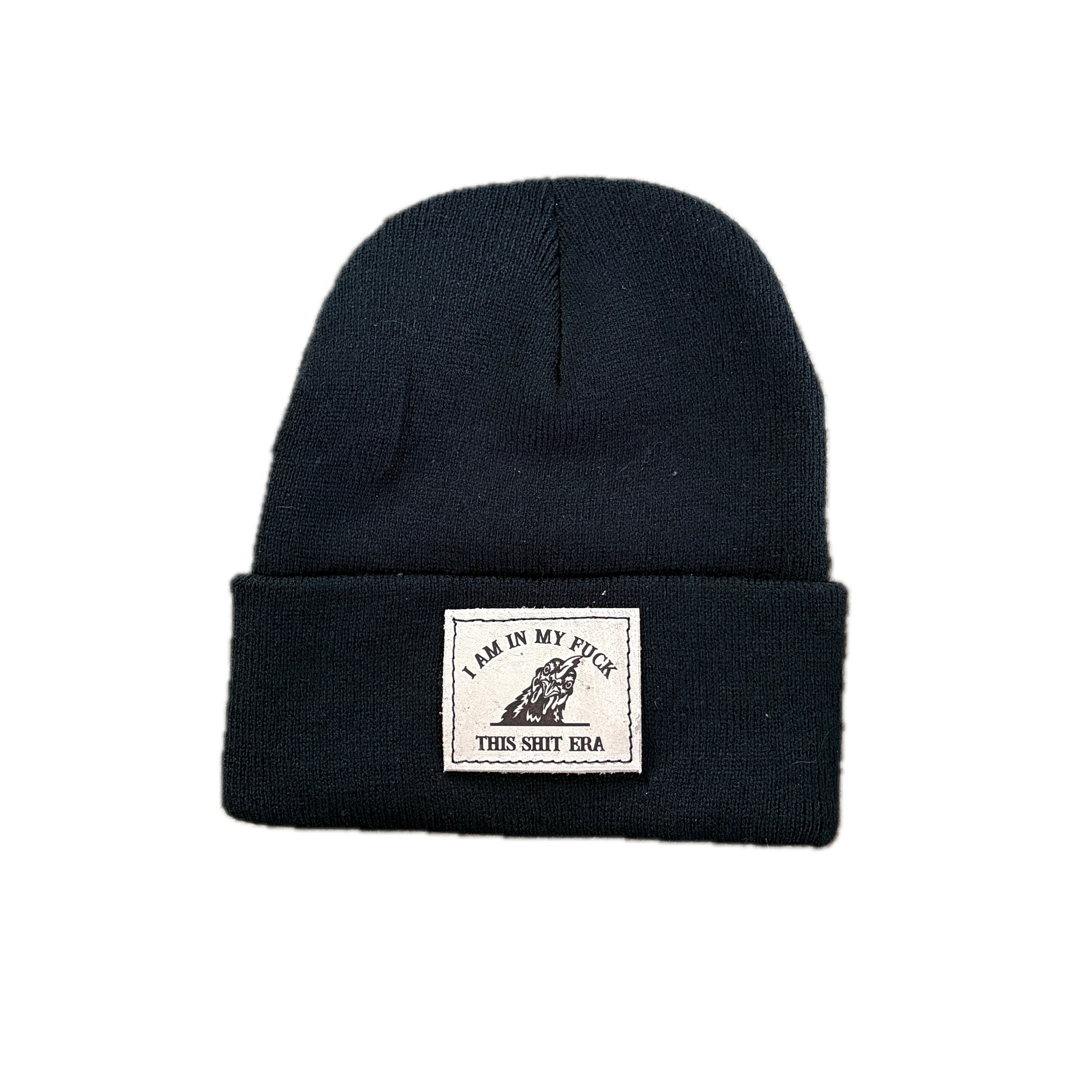Black beanie with a label on a white background