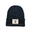 Black beanie with a patch on a white background