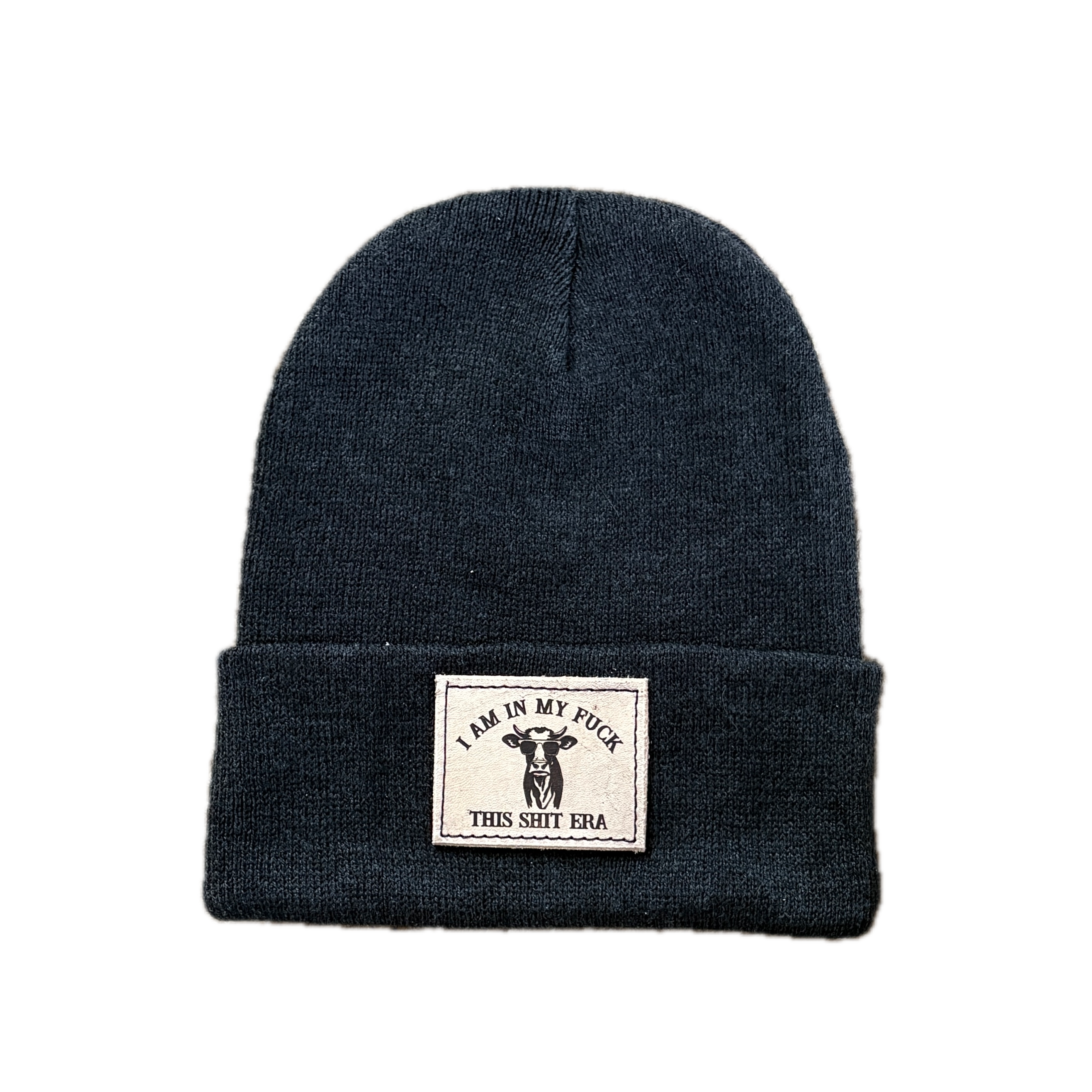 Black beanie with a patch on a white background