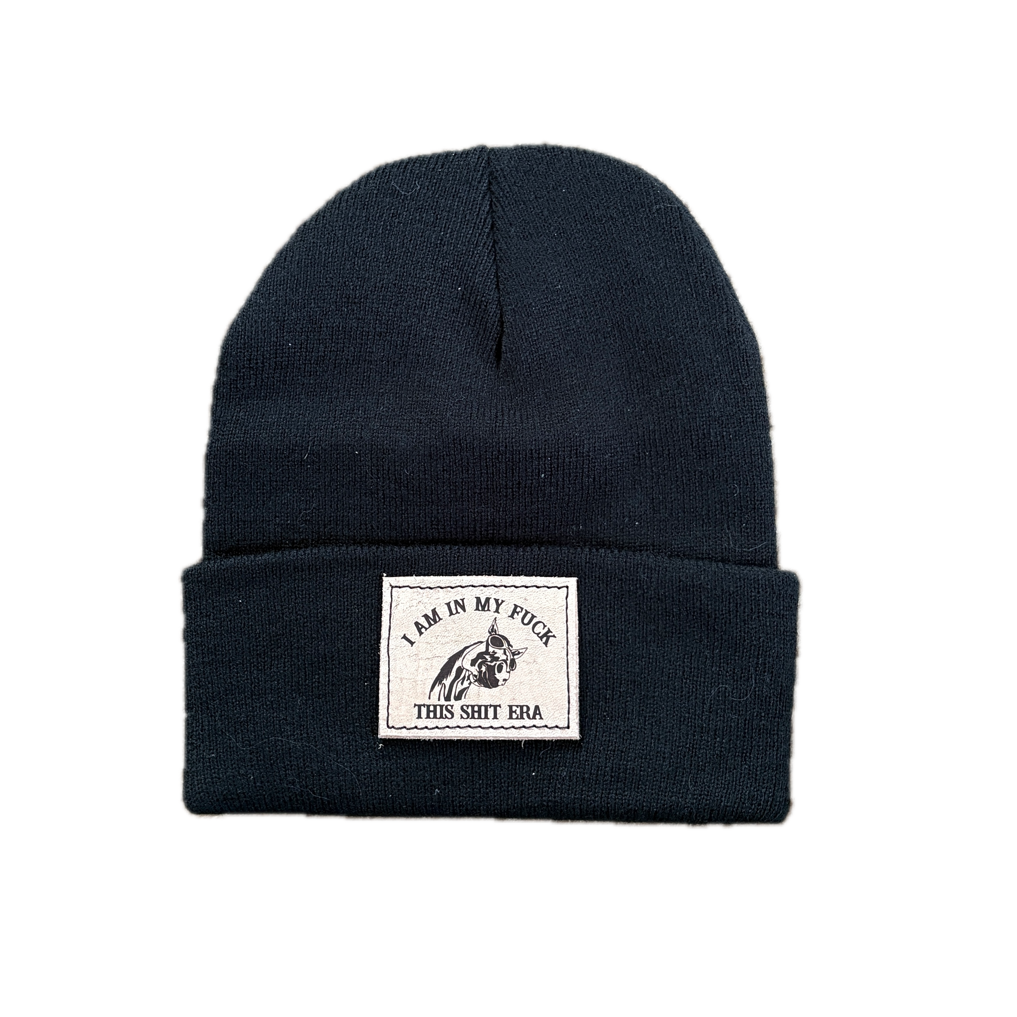 Black beanie with a label on a white background