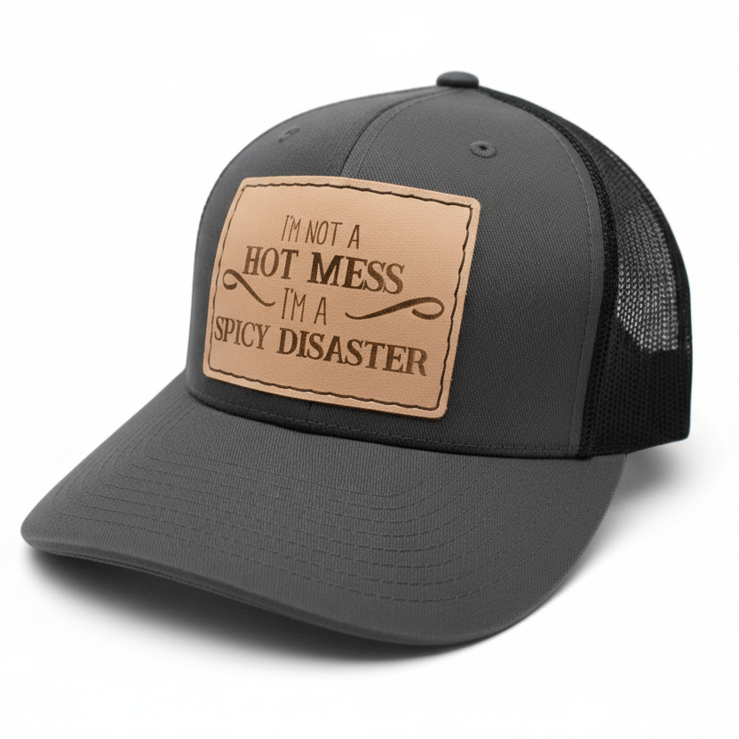 Gray cap with a brown leather patch featuring text on a light gray background