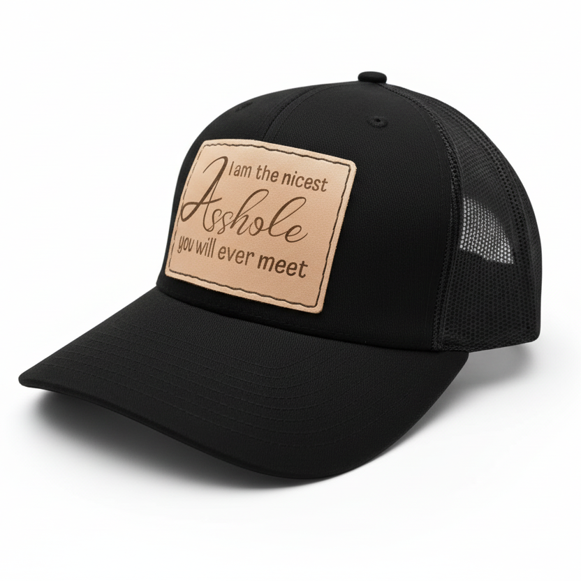 Black cap with a tan patch featuring text on a white background