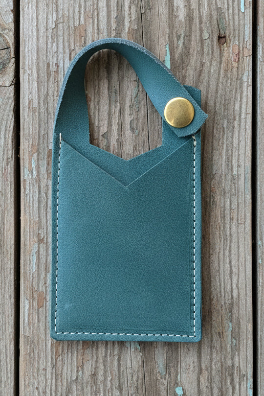 Blue leather boot wallet with a gold buckle 
