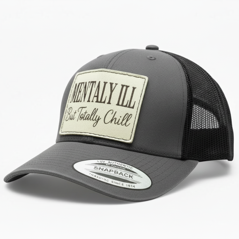 Gray and black cap with a patch on a white background