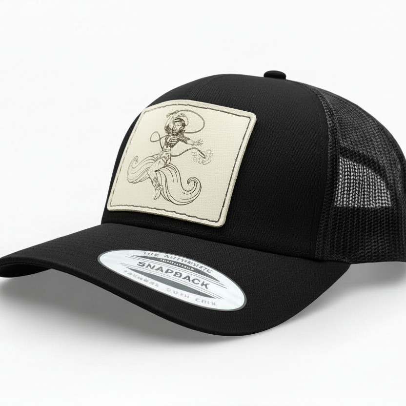 Black trucker cap with a white patch featuring a design on a white background