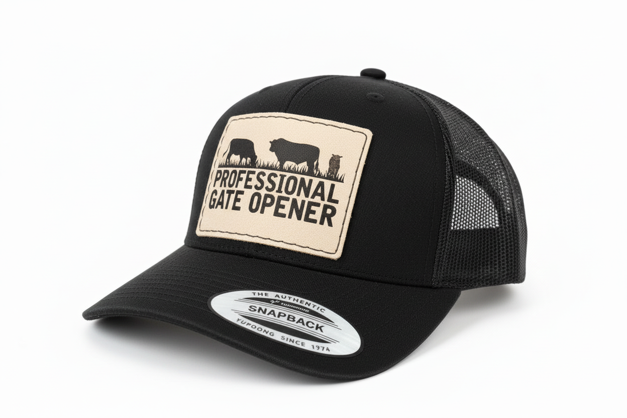 Black trucker cap with a patch that reads 'Professional Gate Opener' on a white background