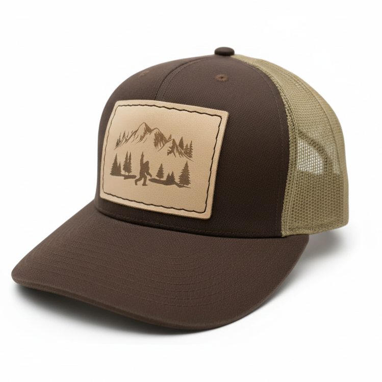 Brown and beige cap with a mountain and forest design on a white background