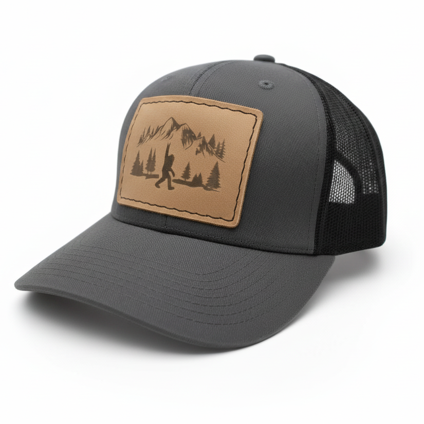 Gray trucker cap with a brown leather patch featuring a nature design on a light gray background