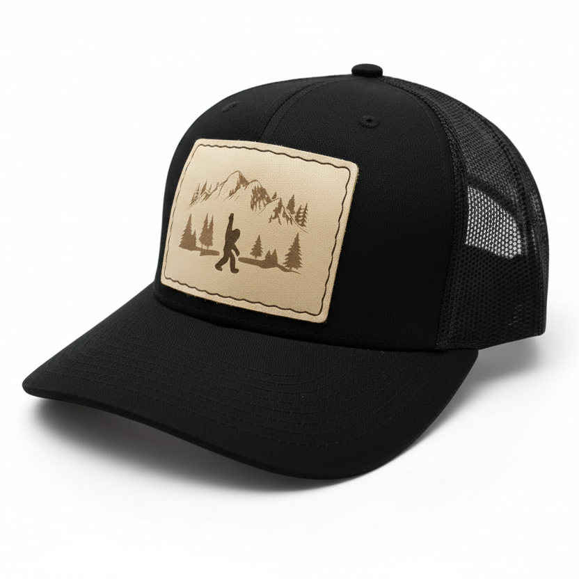 Black cap with a beige patch featuring a hiker and mountain design on a white background