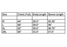 Size chart for clothing with chest, body length, and sleeve length measurements.