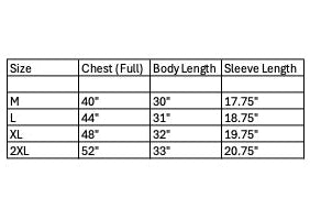 Measurement chart for clothing sizes M, L, XL, 2XL with chest, body length, and sleeve length dimensions.