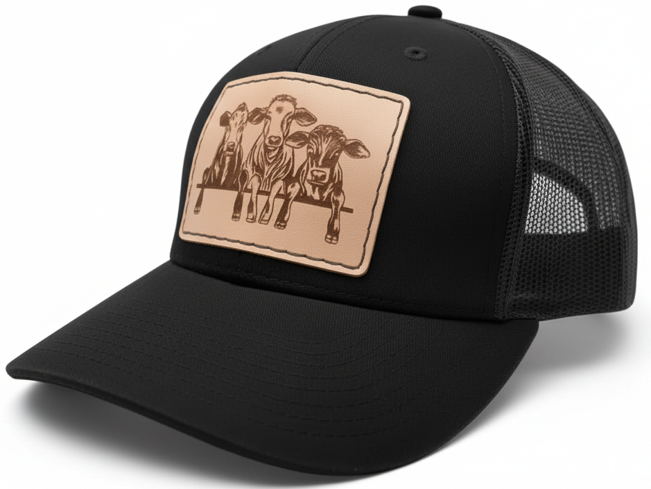 Black trucker cap with a tan leather patch featuring cow designs on a white background