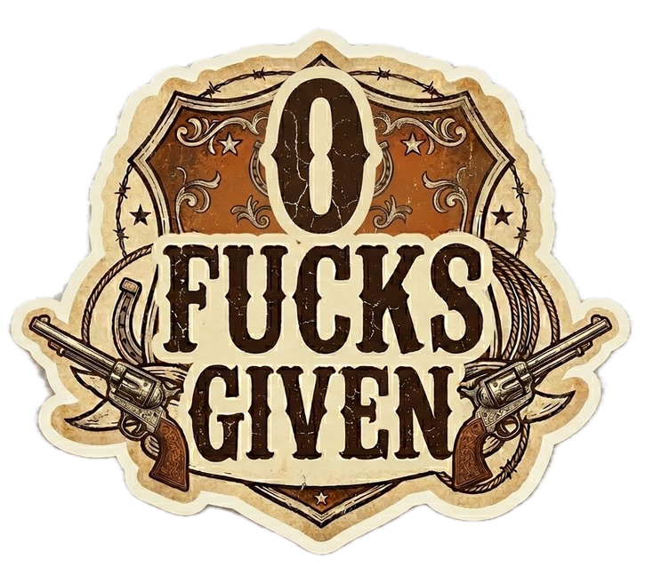 Decorative sign with '0 Fucks Given' text and gun graphics on a white background