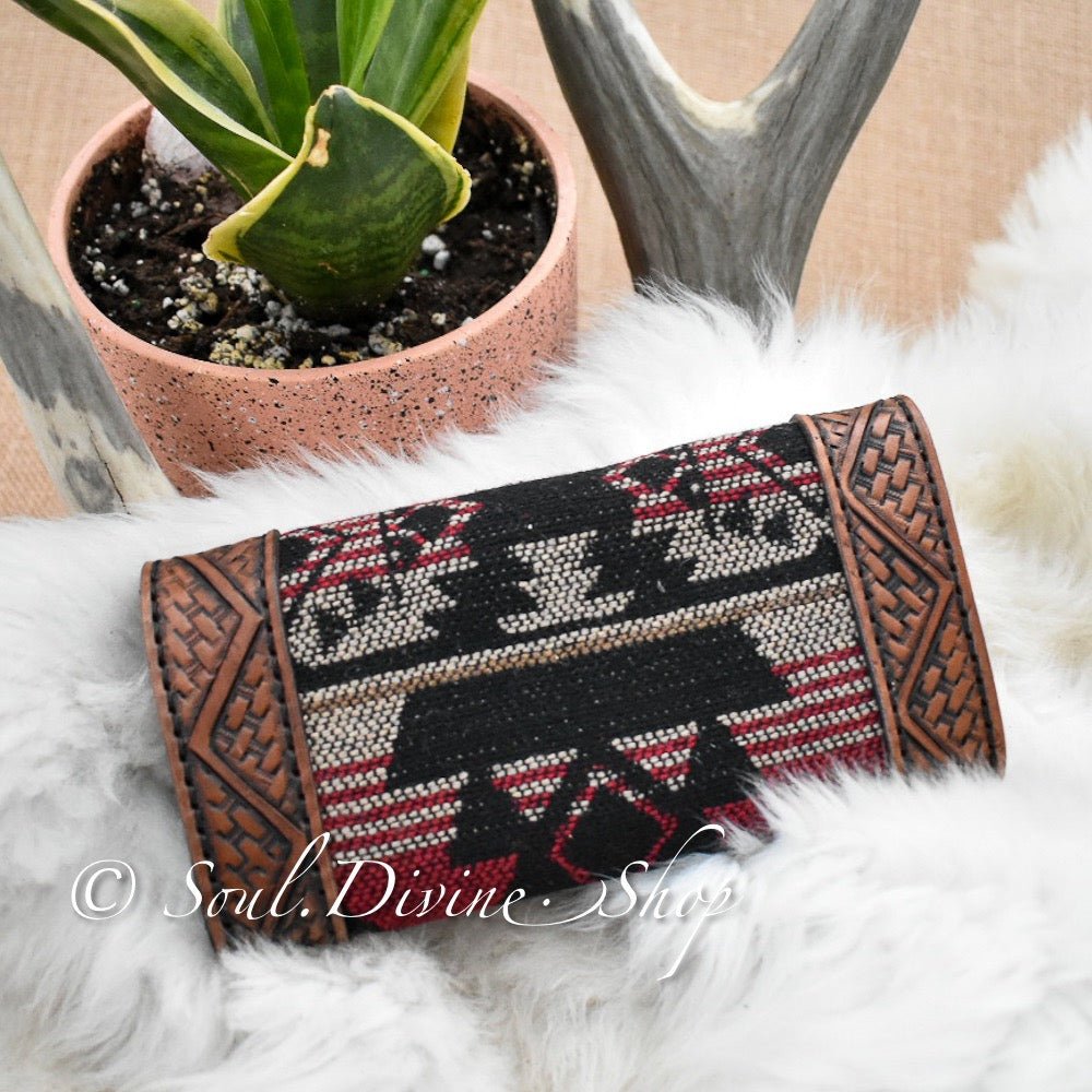 Basketweave Hand Tooled Aztec Leather Wallet  - Prairie Buffalo