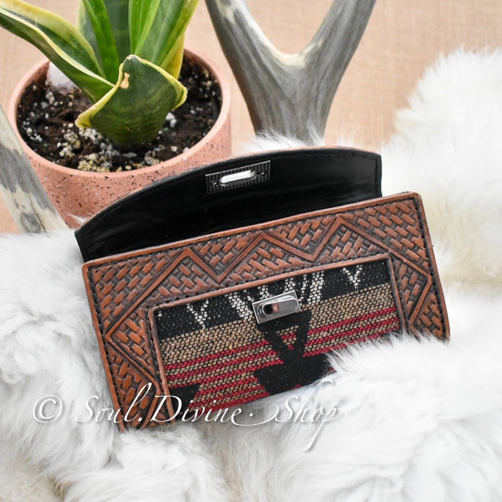 Basketweave Hand Tooled Aztec Leather Wallet  - Prairie Buffalo
