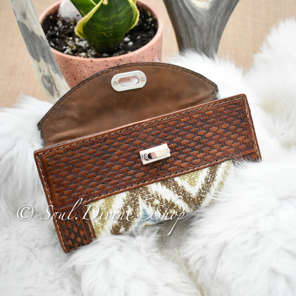 Basketweave Hand Tooled Leather Clutch Wallet - Prairie Buffalo