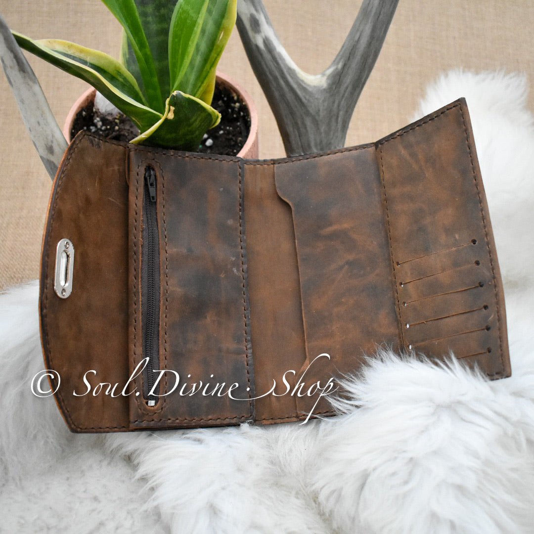 Basketweave Hand Tooled Leather Clutch Wallet  - Prairie Buffalo