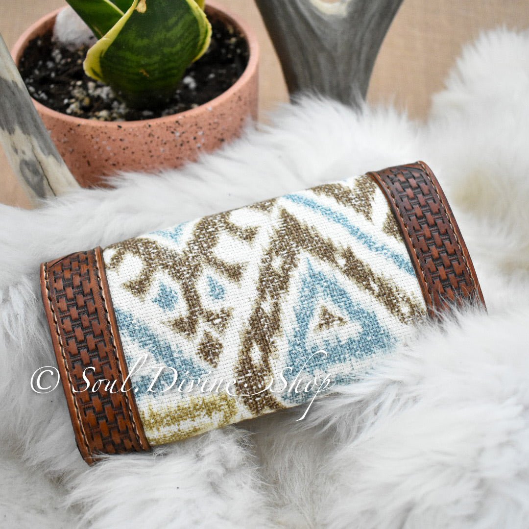Basketweave Hand Tooled Leather Clutch Wallet  - Prairie Buffalo