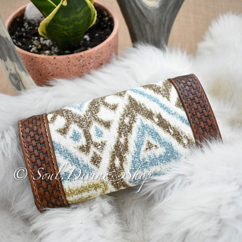 Basketweave Hand Tooled Leather Clutch Wallet  - Prairie Buffalo