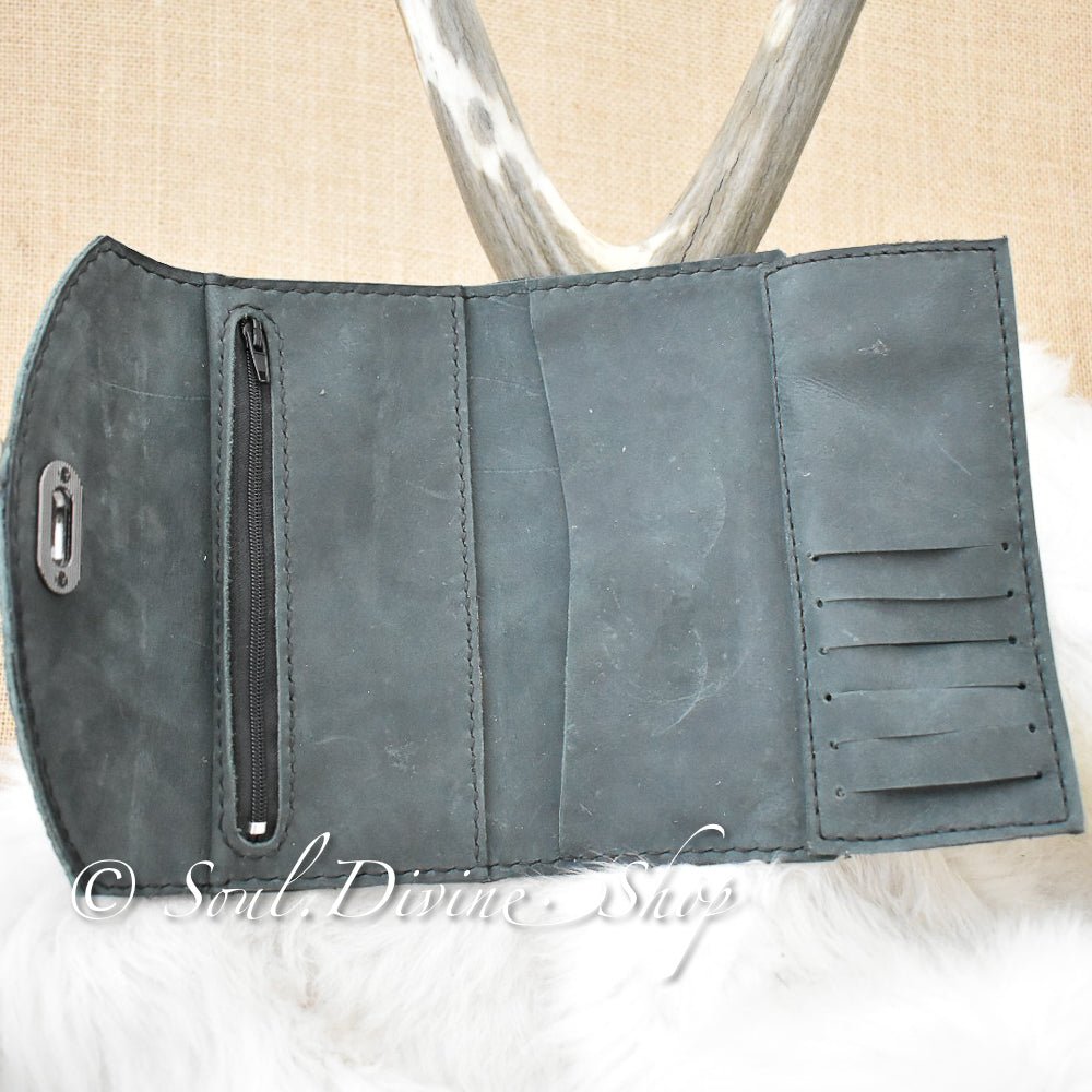 Dark Teal Floral Embossed Leather Clutch Wallet - Soul Divine