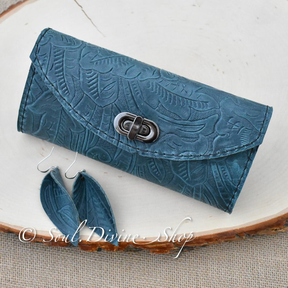 Dark Teal Floral Embossed Leather Clutch Wallet - Soul Divine