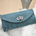 Dark Teal Floral Embossed Leather Clutch Wallet - Soul Divine