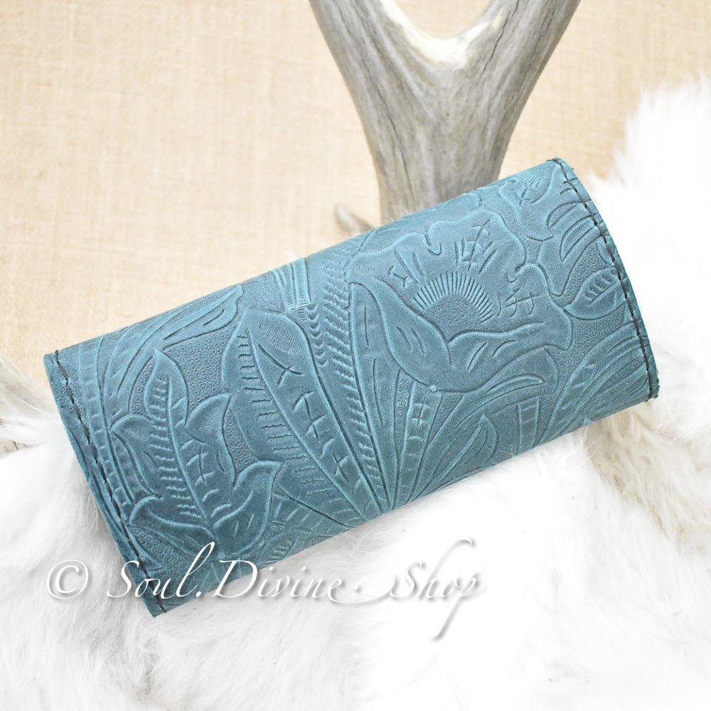 Dark Teal Floral Embossed Leather Clutch Wallet - Soul Divine
