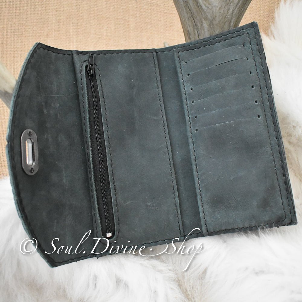 Dark Teal Floral Embossed Leather Clutch Wallet - Soul Divine